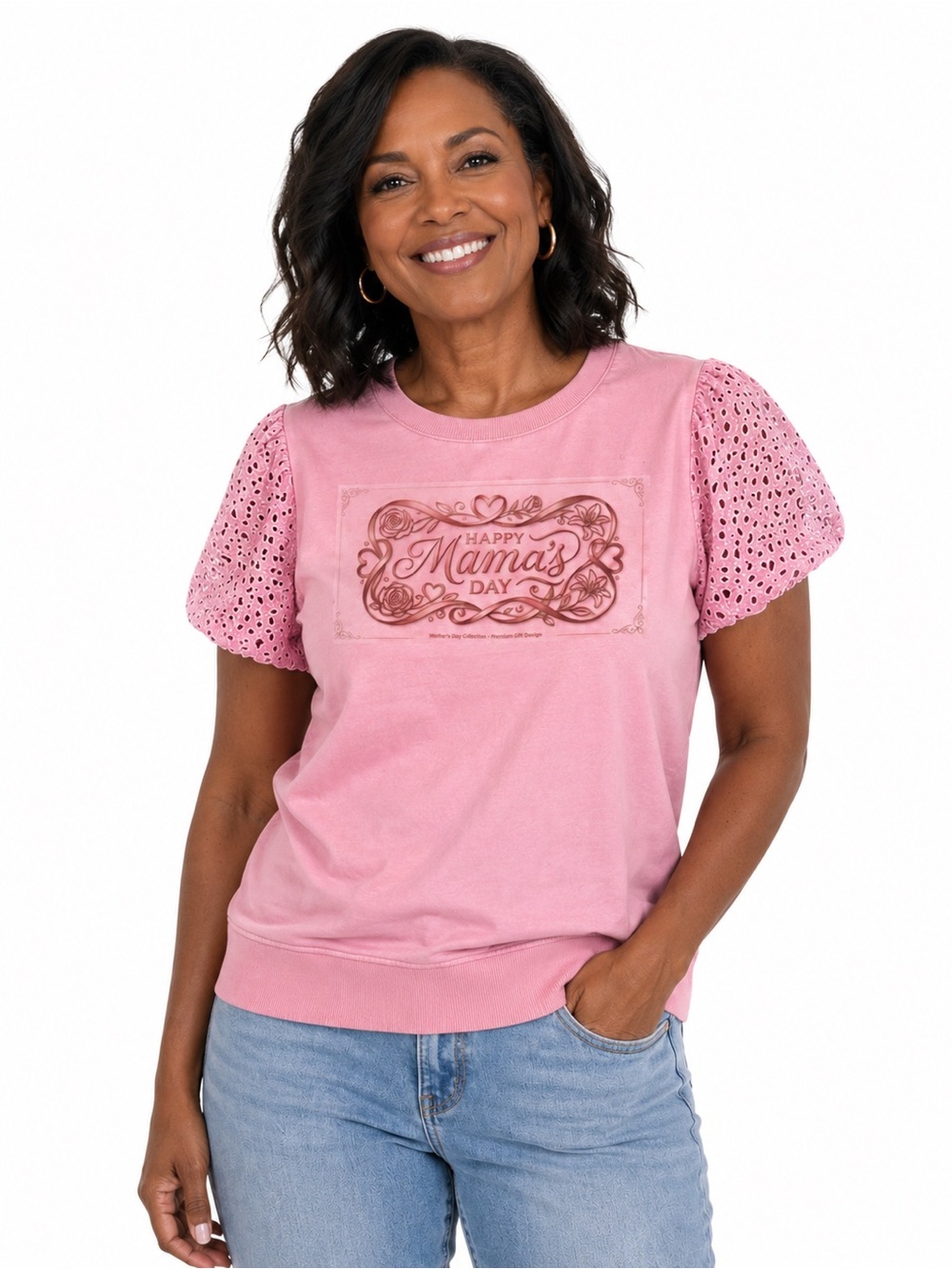 Happy Mama's Day Pink Eyelet-Sleeve Women's Top